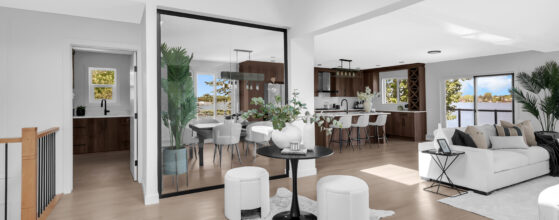 A neutral, transitional living room staged by Tash Designs to appeal to Calgary home buyers.